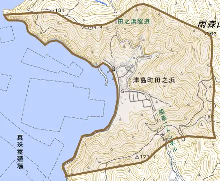 津島町田之浜とその周辺の地図。町の範囲を重ねている