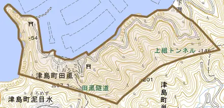 津島町田颪とその周辺の地図。町の範囲を重ねている