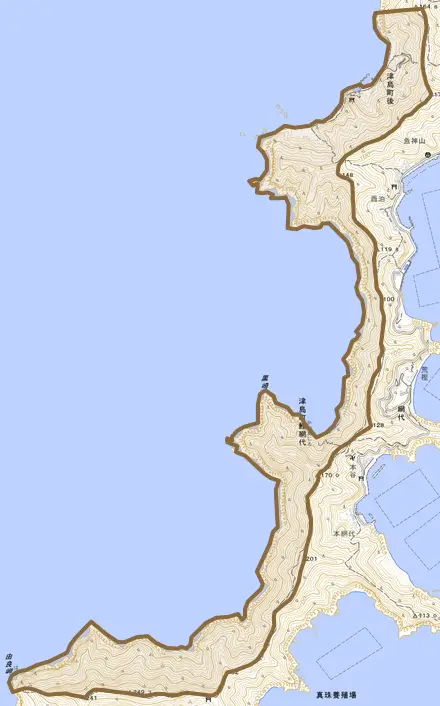 津島町後とその周辺の地図。町の範囲を重ねている