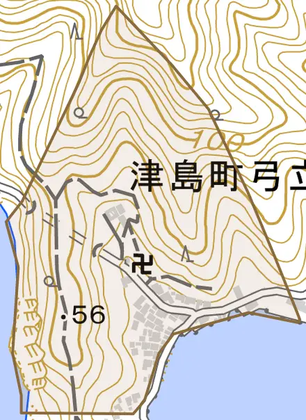 津島町弓立とその周辺の地図。町の範囲を重ねている