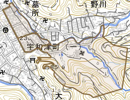 宇和津町とその周辺の地図。町の範囲を重ねている