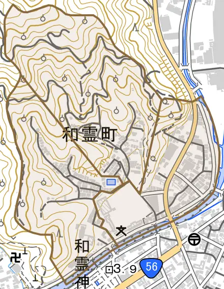 和霊町とその周辺の地図。町の範囲を重ねている