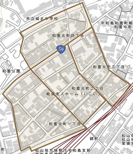 和霊元町とその周辺の地図。町の範囲を重ねている