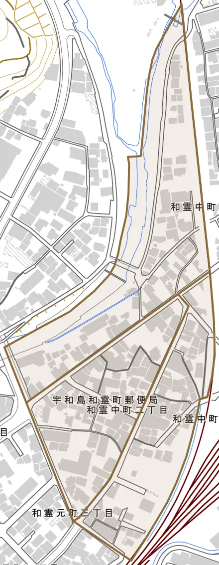 和霊中町とその周辺の地図。町の範囲を重ねている
