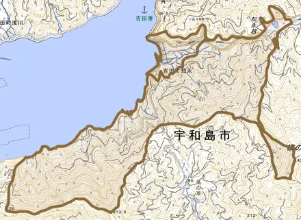 吉田町知永とその周辺の地図。町の範囲を重ねている