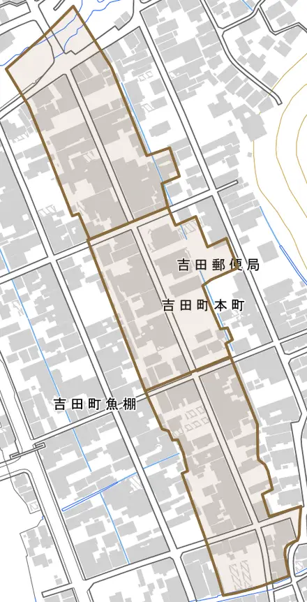 吉田町本町とその周辺の地図。町の範囲を重ねている