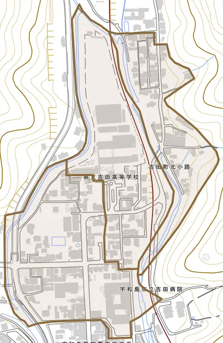 吉田町北小路とその周辺の地図。町の範囲を重ねている