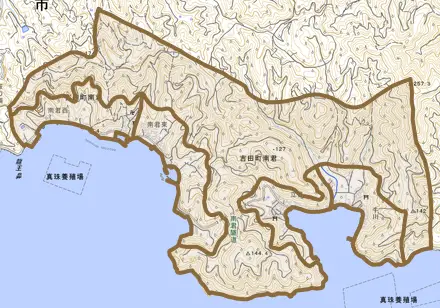 吉田町南君とその周辺の地図。町の範囲を重ねている
