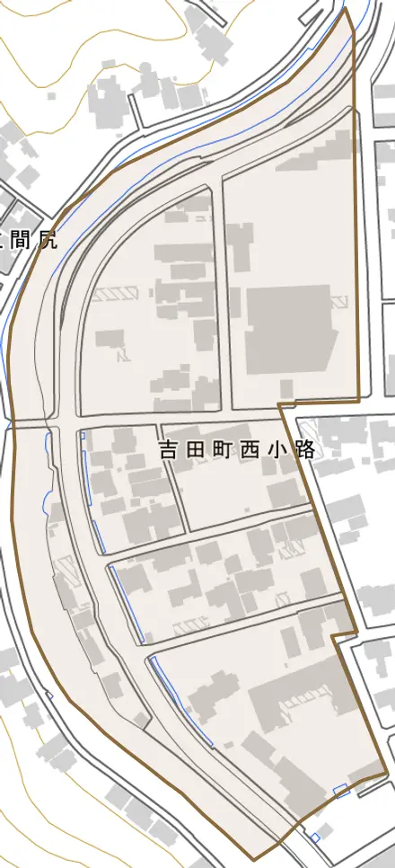 吉田町西小路とその周辺の地図。町の範囲を重ねている