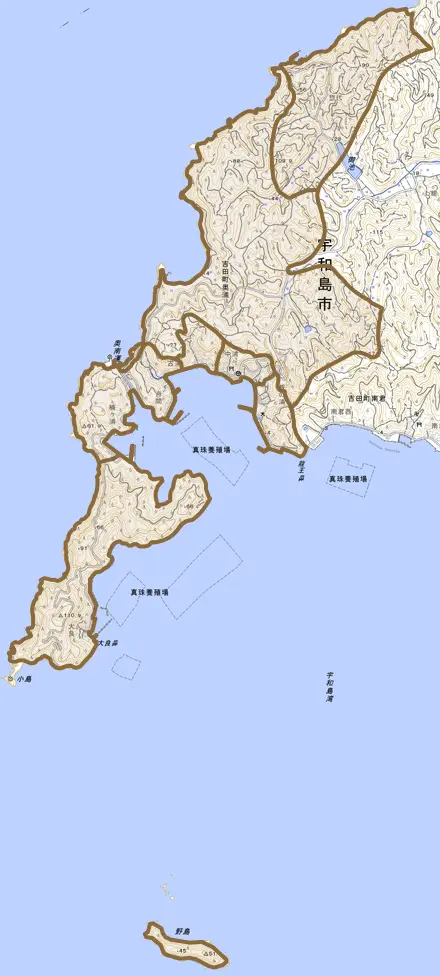 吉田町奥浦とその周辺の地図。町の範囲を重ねている