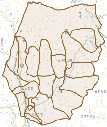 吉田町立間とその周辺の地図。町の範囲を重ねている