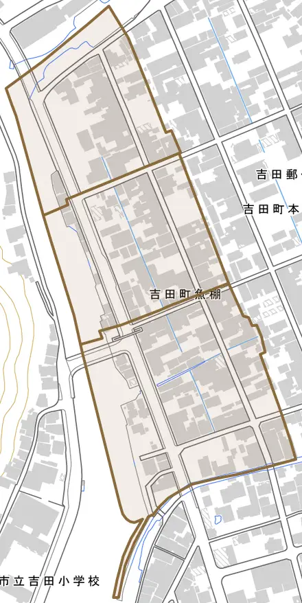 吉田町魚棚とその周辺の地図。町の範囲を重ねている