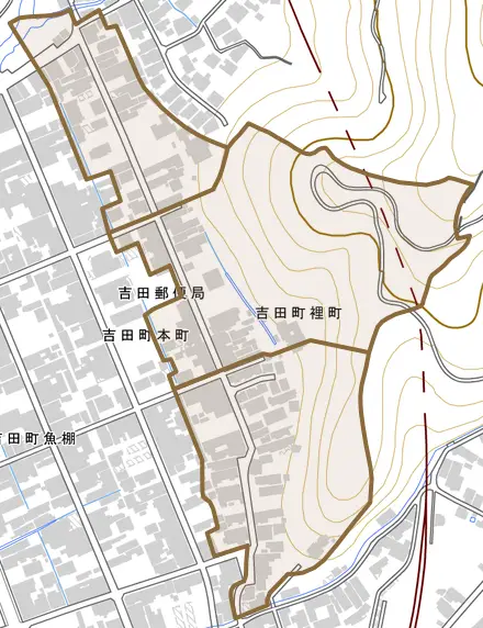 吉田町裡町とその周辺の地図。町の範囲を重ねている