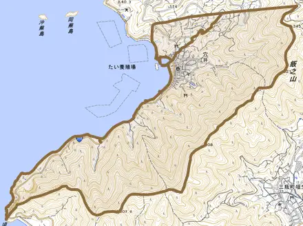 穴井とその周辺の地図。町の範囲を重ねている
