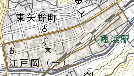 江戸岡とその周辺の地図。町の範囲を重ねている