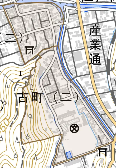 古町とその周辺の地図。町の範囲を重ねている
