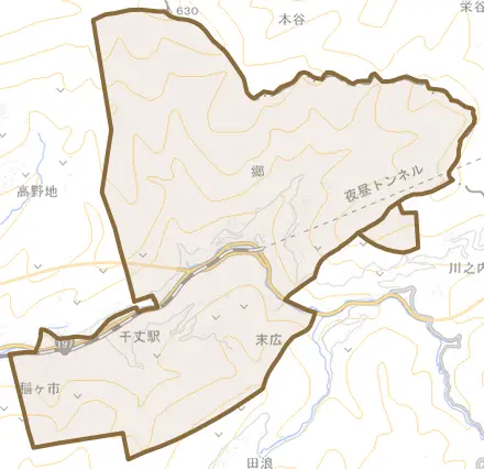 郷とその周辺の地図。町の範囲を重ねている