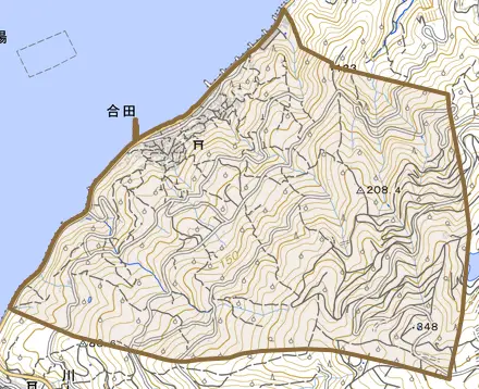 合田とその周辺の地図。町の範囲を重ねている