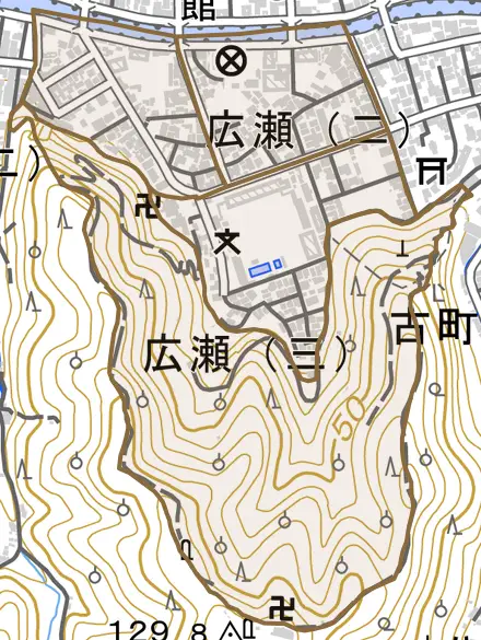 広瀬とその周辺の地図。町の範囲を重ねている