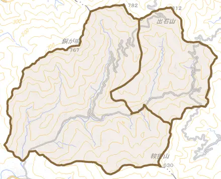 日土町とその周辺の地図。町の範囲を重ねている