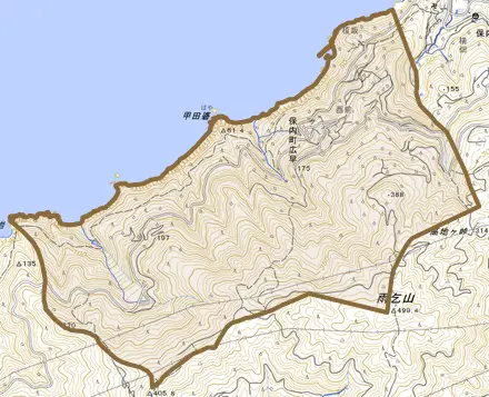 保内町広早とその周辺の地図。町の範囲を重ねている