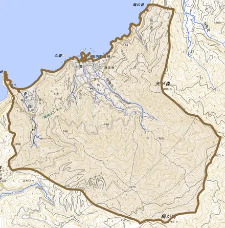 保内町磯崎とその周辺の地図。町の範囲を重ねている