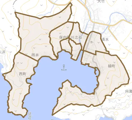 保内町川之石とその周辺の地図。町の範囲を重ねている