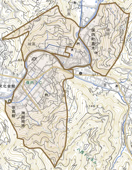 保内町喜木とその周辺の地図。町の範囲を重ねている