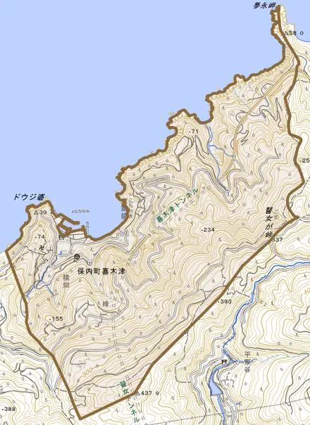 保内町喜木津とその周辺の地図。町の範囲を重ねている