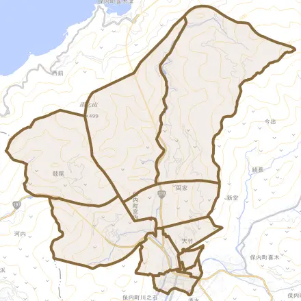保内町宮内とその周辺の地図。町の範囲を重ねている