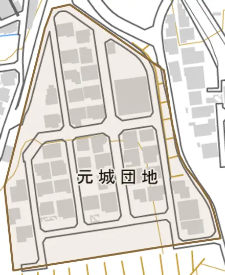 元城団地とその周辺の地図。町の範囲を重ねている