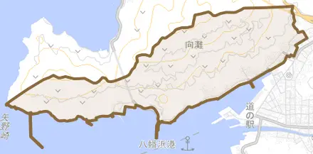 向灘とその周辺の地図。町の範囲を重ねている