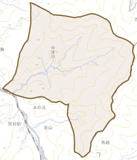中津川とその周辺の地図。町の範囲を重ねている