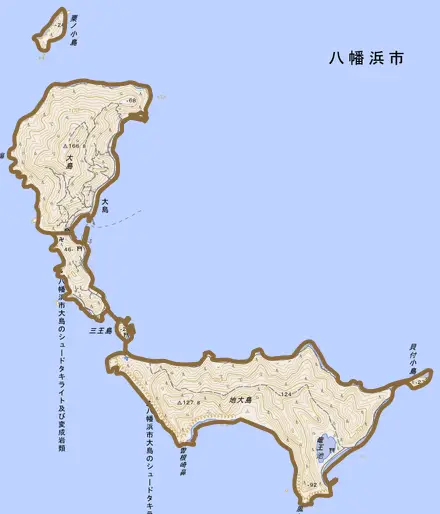 大島とその周辺の地図。町の範囲を重ねている