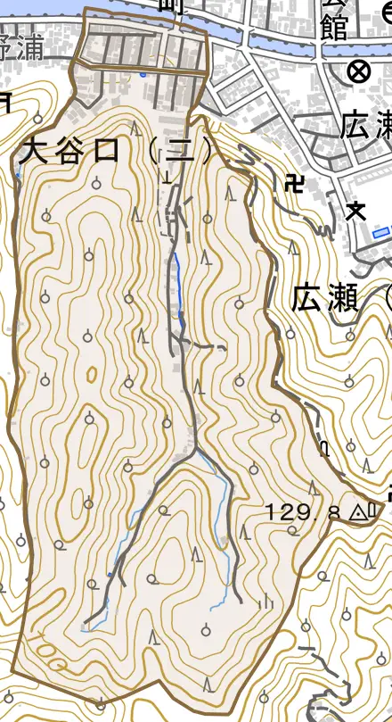 大谷口とその周辺の地図。町の範囲を重ねている