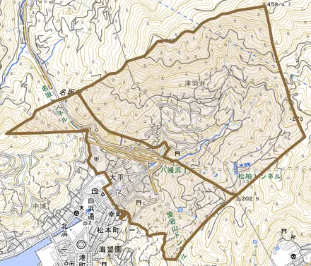 大平とその周辺の地図。町の範囲を重ねている