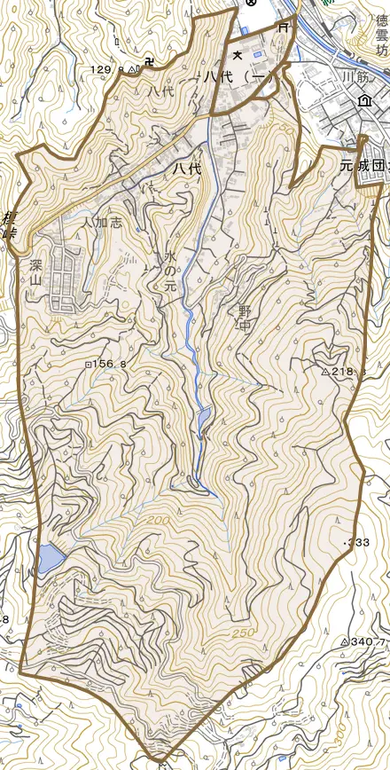 八代とその周辺の地図。町の範囲を重ねている