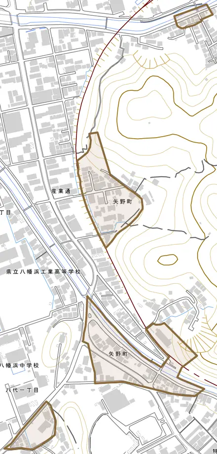 矢野町とその周辺の地図。町の範囲を重ねている