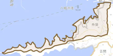 大字栗野浦とその周辺の地図。町の範囲を重ねている
