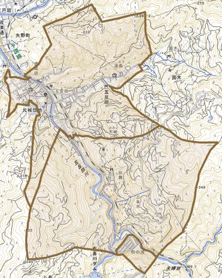 五反田とその周辺の地図。町の範囲を重ねている