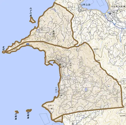 真網代とその周辺の地図。町の範囲を重ねている