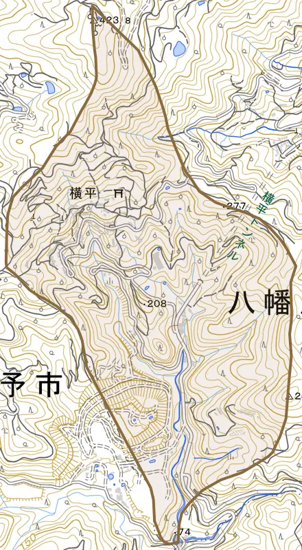 横平とその周辺の地図。町の範囲を重ねている