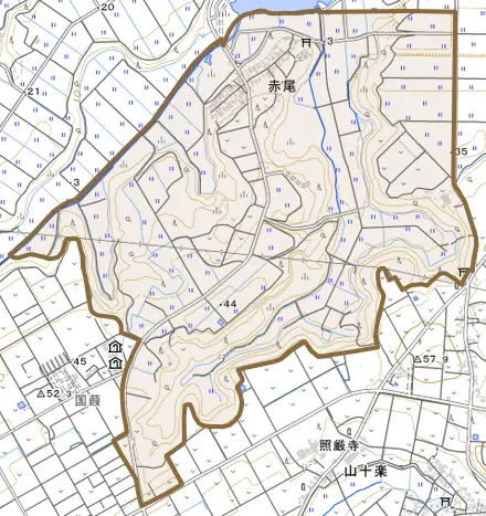 赤尾とその周辺の地図。町の範囲を重ねている