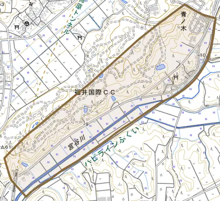 青ノ木とその周辺の地図。町の範囲を重ねている