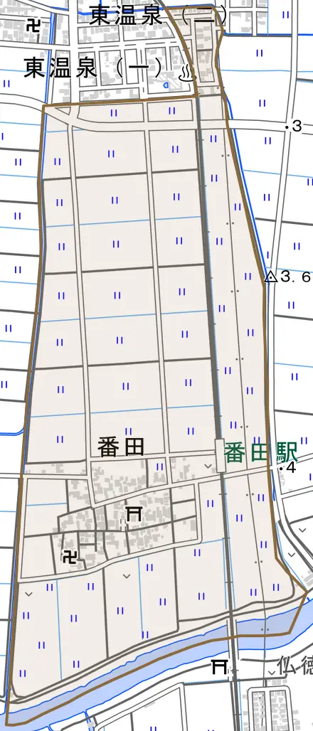 番田とその周辺の地図。町の範囲を重ねている