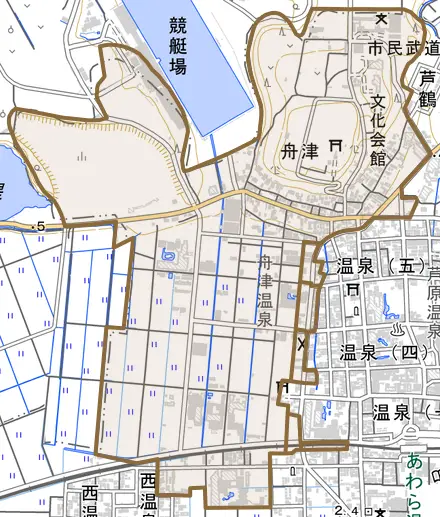 舟津とその周辺の地図。町の範囲を重ねている