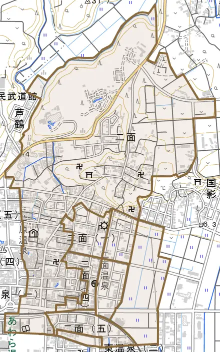 二面とその周辺の地図。町の範囲を重ねている