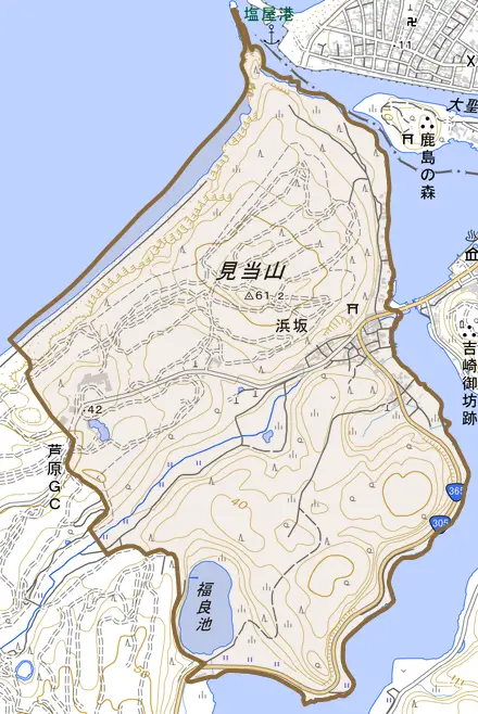 浜坂とその周辺の地図。町の範囲を重ねている