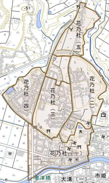 花乃杜とその周辺の地図。町の範囲を重ねている