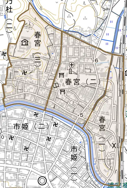 春宮とその周辺の地図。町の範囲を重ねている